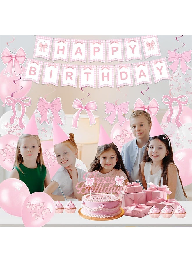 32 Pcs Pink Bow Themed Happy Birthday Party Decorations set, Happy Birthday Banner Hanging Swirls Balloons Cake Toppers Supplies Decor - Image 4